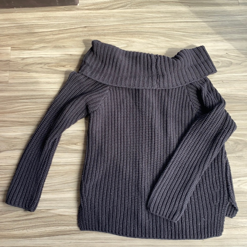 Black Off the Shoulder Fold Over Chunky Knit Sweater